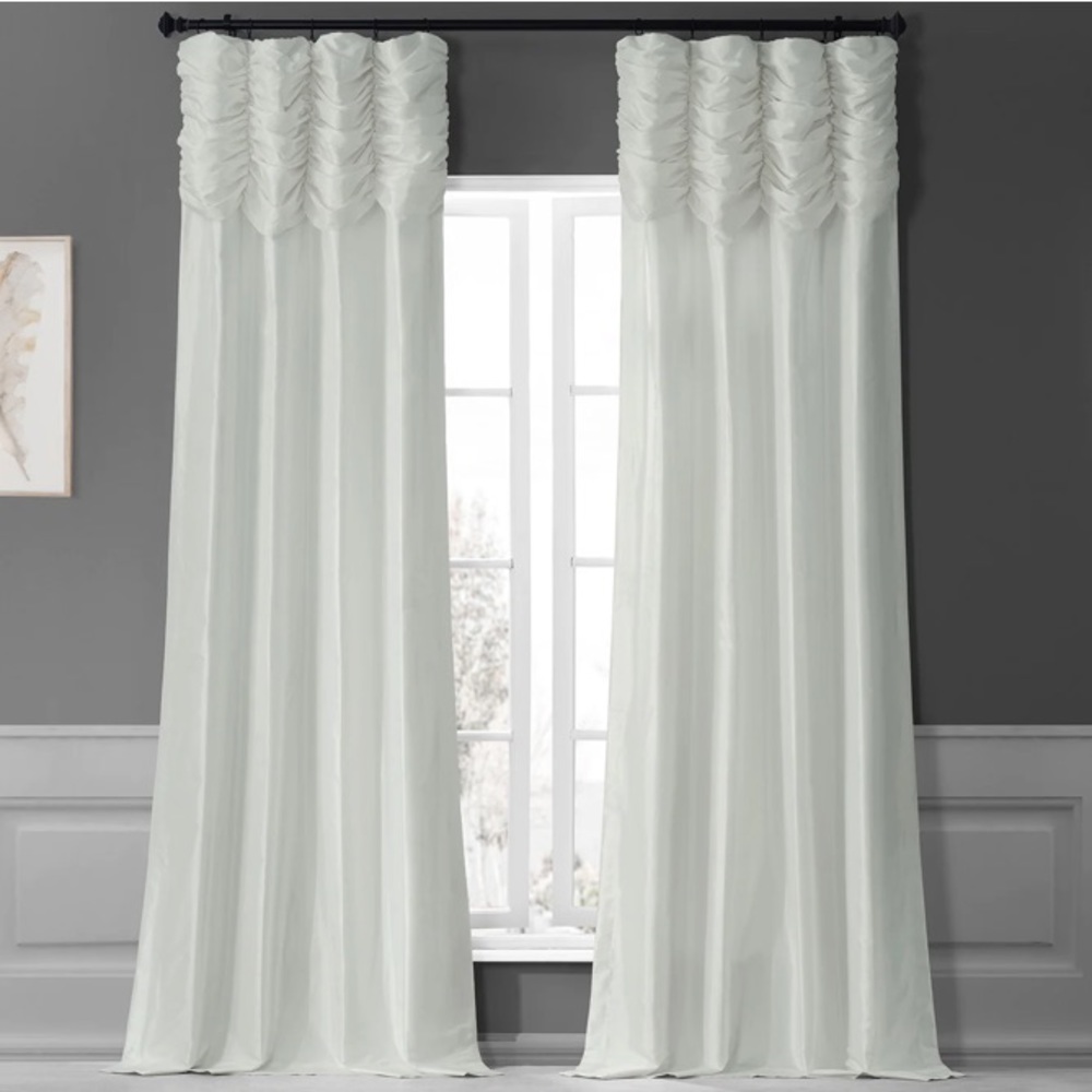 White Taffeta Ruched Drapes. 96” Long Drapes.